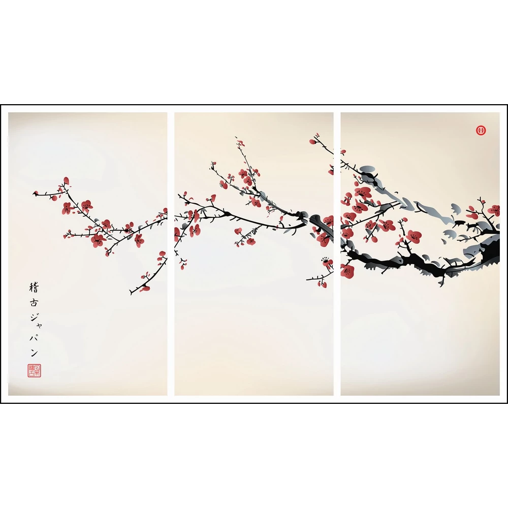 Kép 3/3 - Szakura-szirmok faágon, 180 cm x 100 cm-es, 3 részből álló fali kép