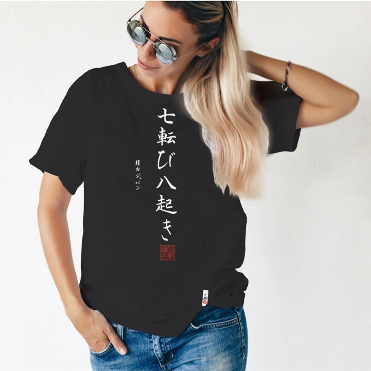 "Ha elesel hétszer..." női kereknyakú póló, japán írásjegyekkel